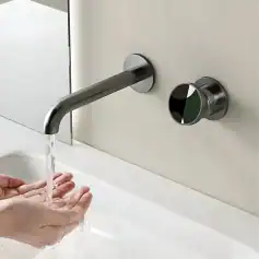 Alternative view of Gun Gray Brass Wall-Mounted Bathroom Faucet, Dual Control for Hot and Cold Water