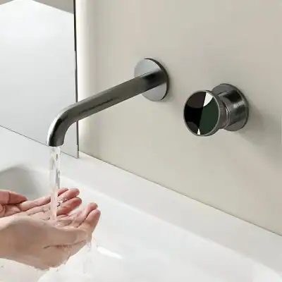 Alternative view of Gun Gray Brass Wall-Mounted Bathroom Faucet, Dual Control for Hot and Cold Water