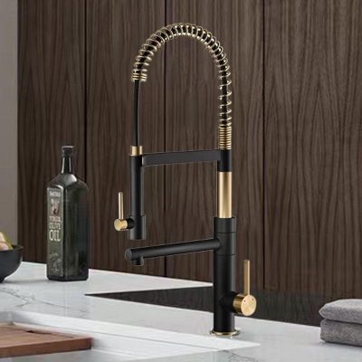 High-quality black and gold kitchen faucet with flexible dual spray heads, perfect for modern kitchens. Durable, stylish design enhances your cooking space.