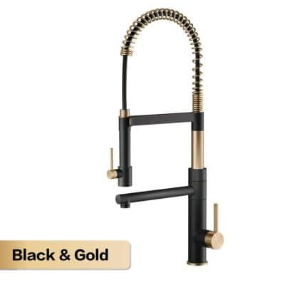 High-quality black and gold kitchen faucet with pull-down spray, perfect for modern kitchens. Features durable construction, easy installation, and versatile design for residential and commercial spaces.