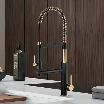 Elegant black and gold kitchen faucet with spring coil spout in a modern kitchen setting, perfect for contemporary sink and faucet upgrades.
