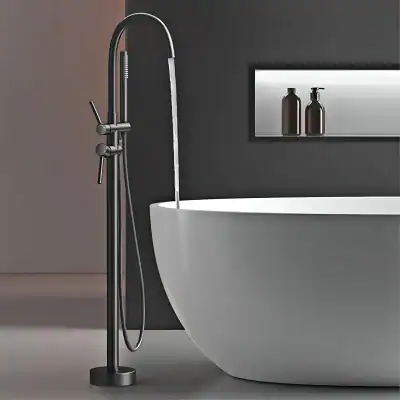 Modern black and silver bathroom faucet with a sleek design, paired with a stylish white bathtub in a contemporary medical or optical store setting.