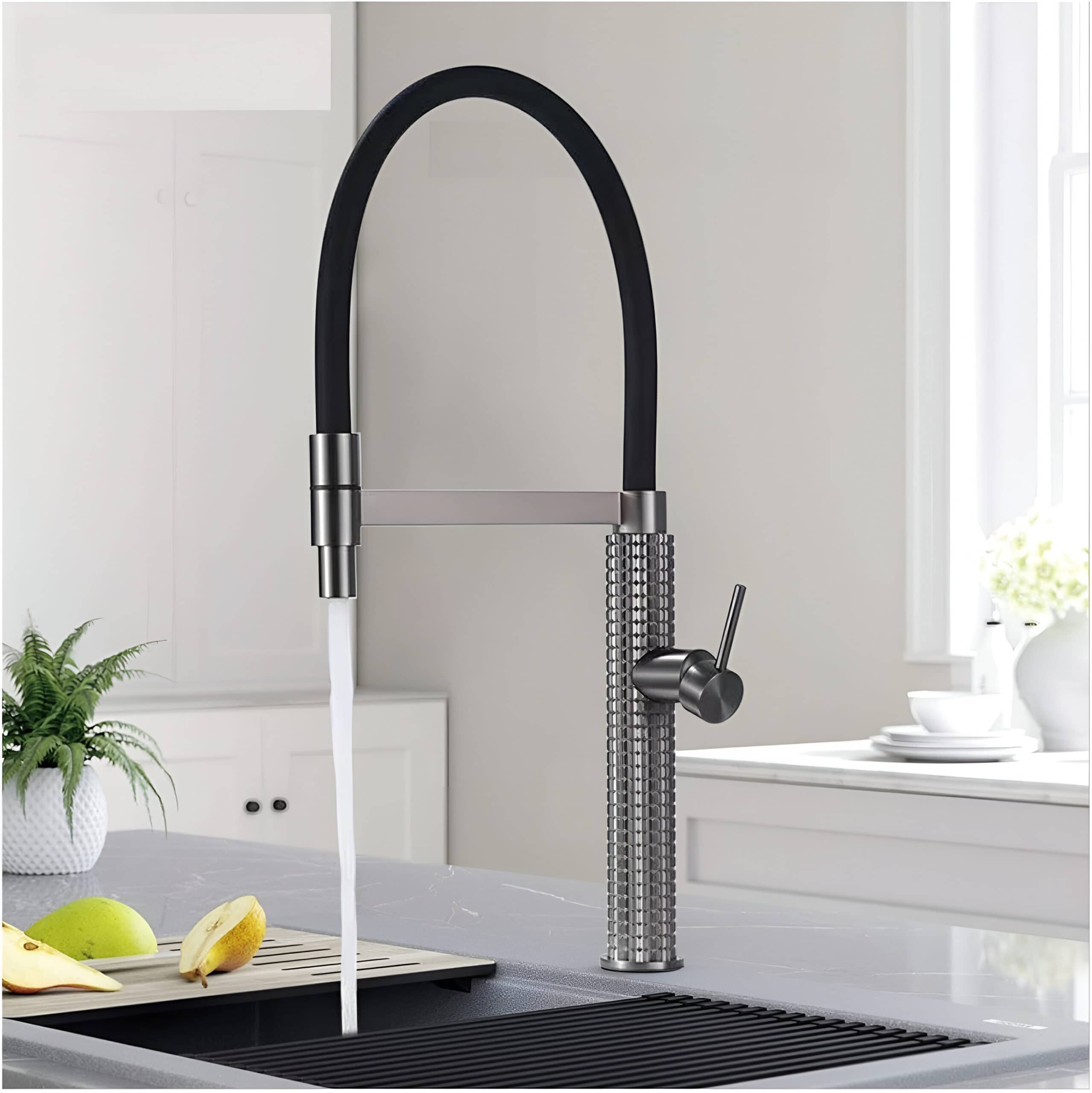 High-quality stainless steel kitchen faucet with pull-down spray head, perfect for modern kitchens, providing durability and convenience for daily use.
