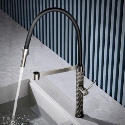 Modern stainless steel kitchen sink faucet with pull-down spray, perfect for kitchen upgrades and home renovation projects. Designed for durability and style.