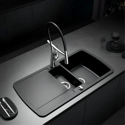 Luxury kitchen sink featuring sleek stainless steel design, pull-out faucet, and spacious basin for efficient kitchen hygiene and aesthetic appeal.