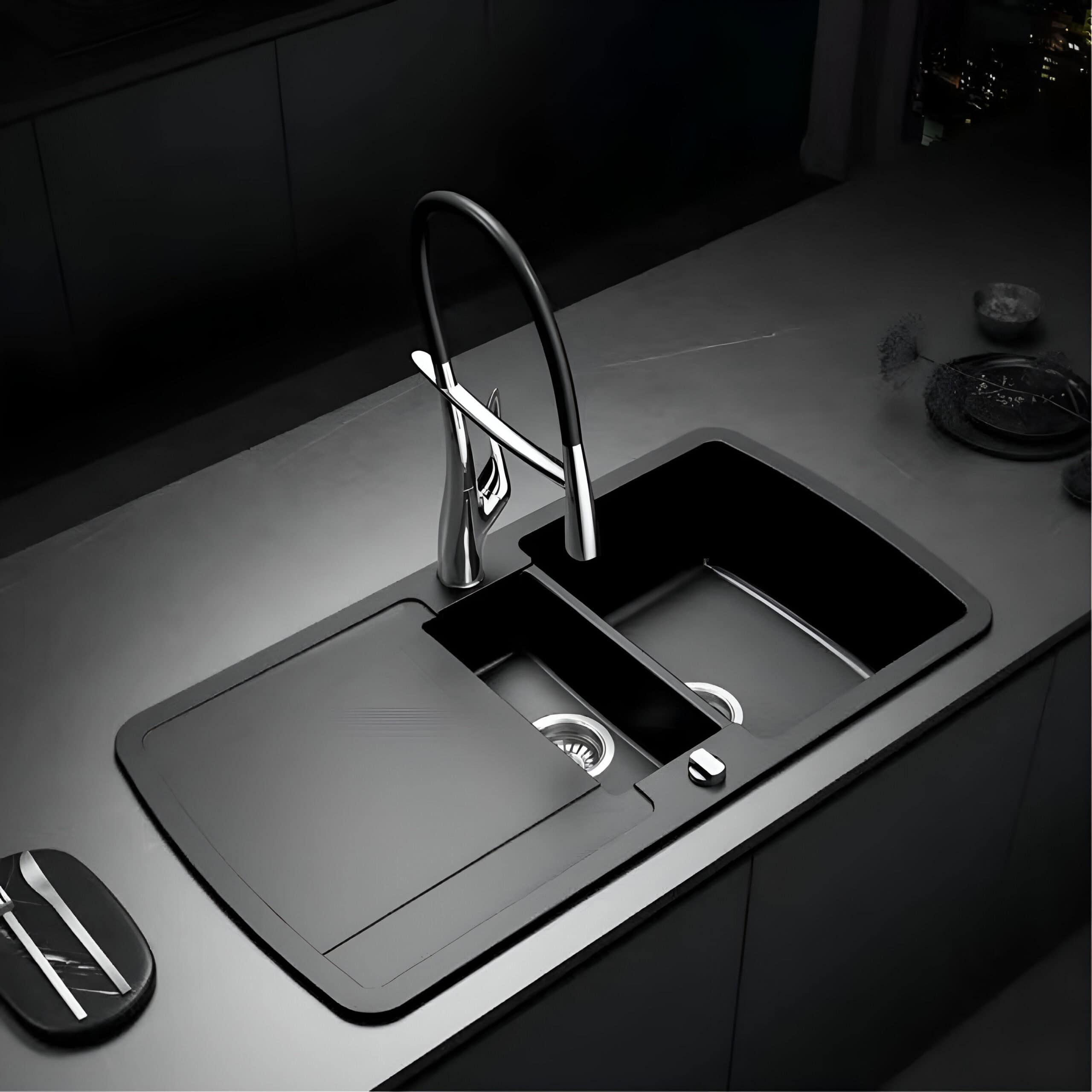 Luxury kitchen sink featuring sleek stainless steel design, pull-out faucet, and spacious basin for efficient kitchen hygiene and aesthetic appeal.