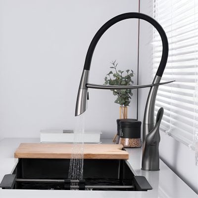 Stylish black and stainless kitchen faucet with pull-down spray head, perfect for modern kitchen sinks. Easy to install and use, enhancing kitchen functionality and aesthetic appeal.