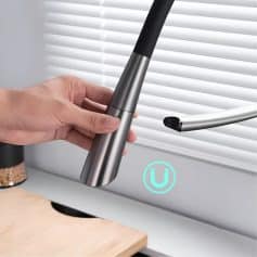Touchless sensor-enabled kitchen faucet ideal for optometry practice hygiene and convenience. Sleek stainless steel design, easy to operate, and suitable for maintaining sterile environments.