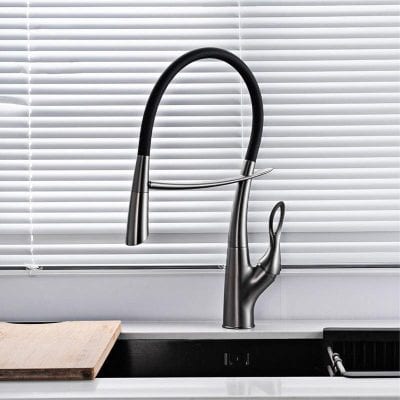 Modern stainless steel kitchen faucet with high-arc design.
