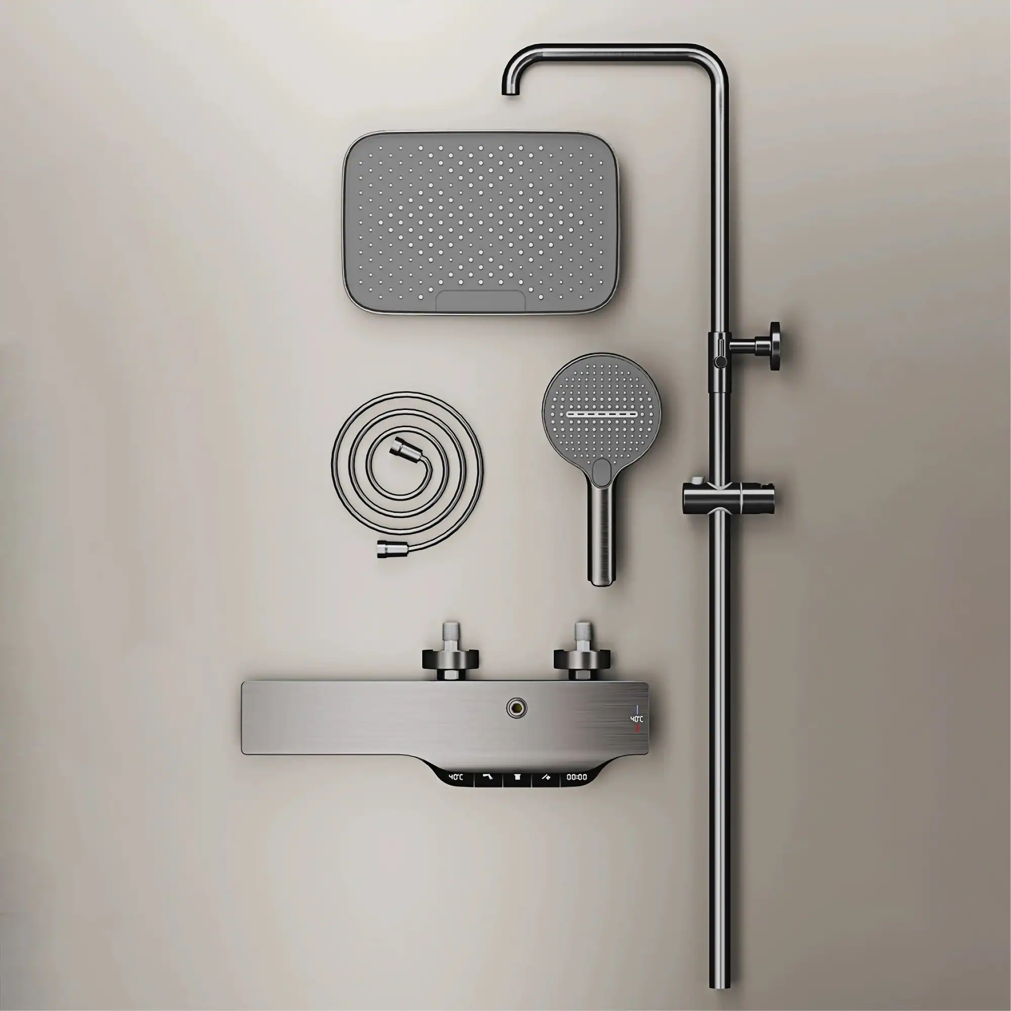 Luxury Gun Gray Brass Shower System with LED Display and Dual Control - Image 4