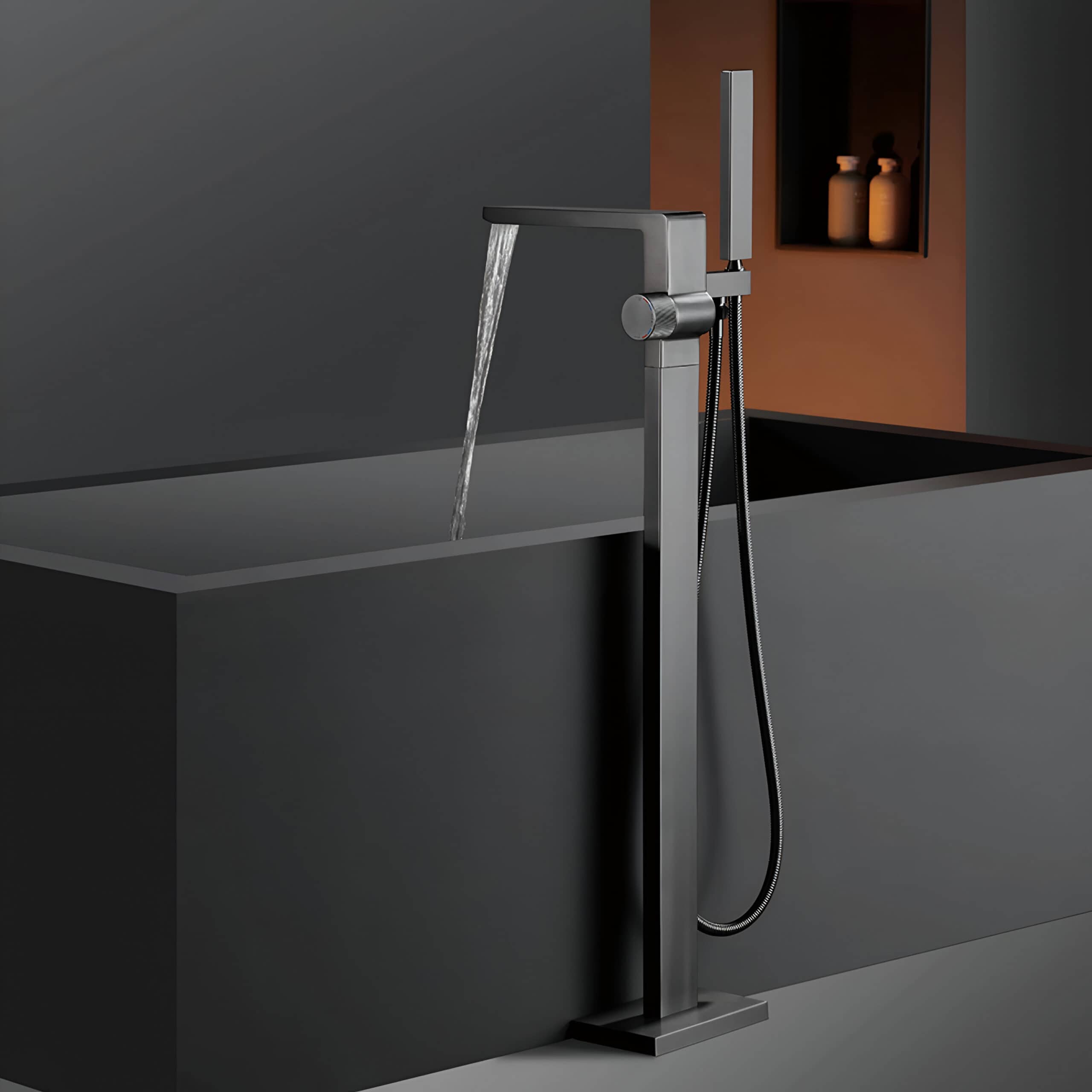 Luxury Black Brass Floor Standing Bathtub Faucet with Single Handle Design - Image 3