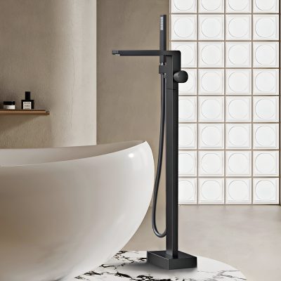 Elegant bathroom with a stylish black bathtub faucet and handheld shower, complemented by a minimalist design and marble flooring for a luxurious look.