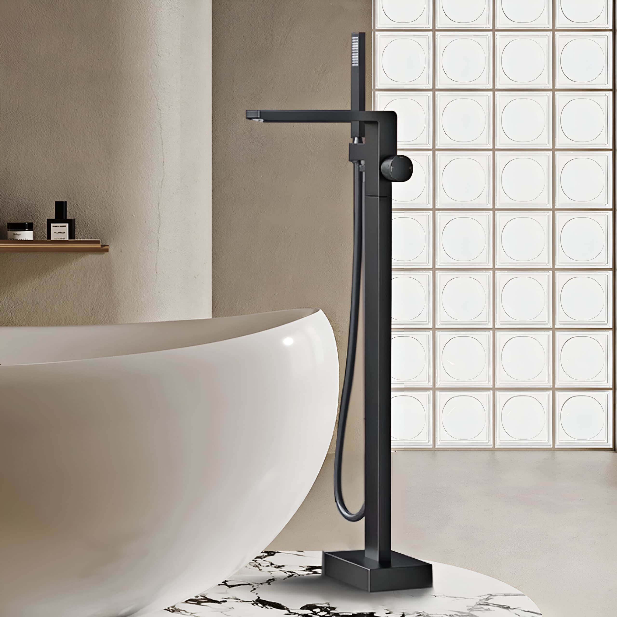 Elegant bathroom with a stylish black bathtub faucet and handheld shower, complemented by a minimalist design and marble flooring for a luxurious look.