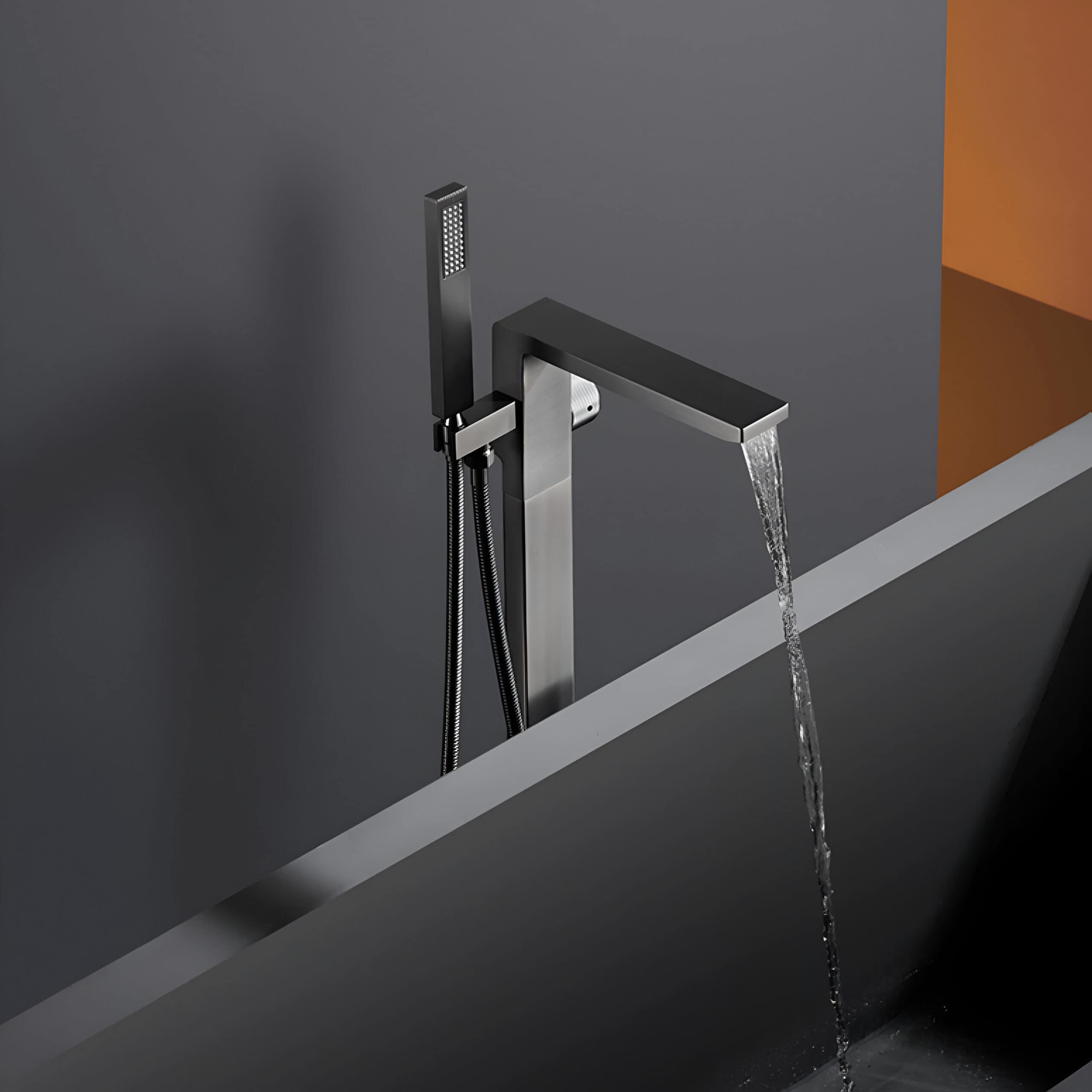 Stainless steel bathroom sink faucet with sleek design, water flowing from the spout, featured in Monalisa Store's bathroom fixtures collection for contemporary home decor.