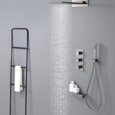 Stylish and functional monalisa shower panel with rainfall showerhead, handheld shower, and adjustable controls for a luxurious bathing experience. Perfect for home, spa, or wellness centers.