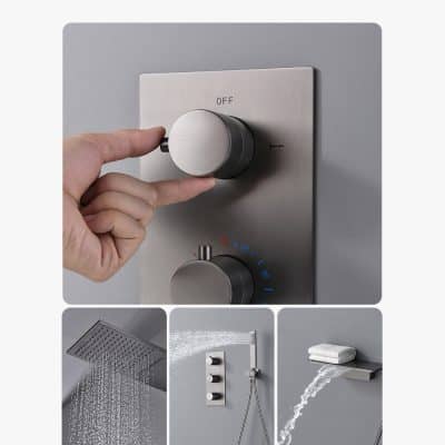 Image of a modern shower control panel with a hand adjusting the temperature, overhead rain shower, handheld shower, and folded towels on a shelf, highlighting luxury bathroom accessories.