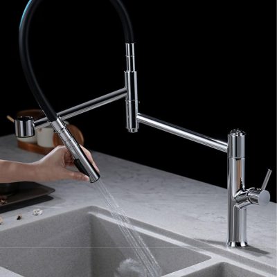 Stainless steel kitchen faucet with pull-out sprayer, ideal for home and professional kitchens, offering easy water control and modern aesthetics.