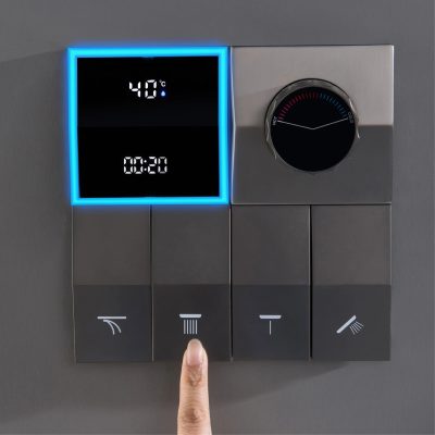 Digital temperature control panel with touch buttons for medical and healthcare purposes.