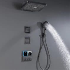 Luxury shower head with adjustable controls, rainfall and handheld spray options, ideal for high-end bathroom renovations and spa-quality experiences.