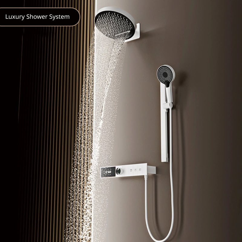 High-end luxury shower system with modern design, thermostatic controls, and multiple spray options for a relaxing bathroom upgrade.