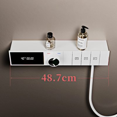 High-tech medical bedside control panel with digital display, temperature control, and skincare dispenser bottles for hospital and clinic environments.