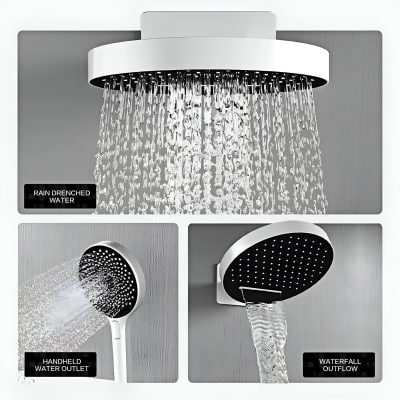 Modern shower fixtures featuring rain showerhead, handheld water outlet, and waterfall outlet for premium bathroom and spa use.