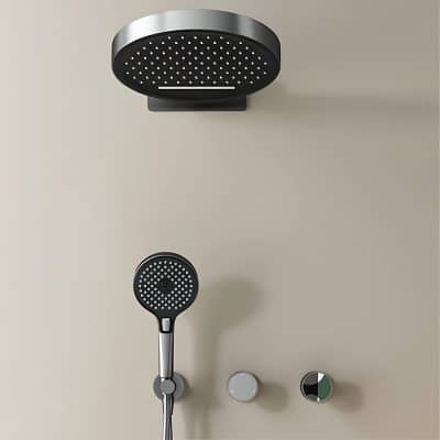 High-quality black showerhead with handheld sprayer, wall-mounted controls, and sleek design for a luxurious bathroom experience. Perfect for spa-like showers.