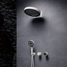 Minimalist black and white shower head with handheld option for a contemporary bathroom, featuring stylish fixtures and wall-mount design.