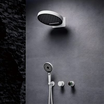 Minimalist black and white shower head with handheld option for a contemporary bathroom, featuring stylish fixtures and wall-mount design.