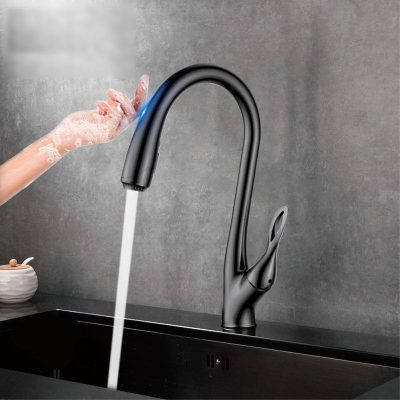 A stylish black kitchen faucet with a high-arc design, featuring a touchless sensor for hands-free operation, perfect for modern homes and kitchen renovations.