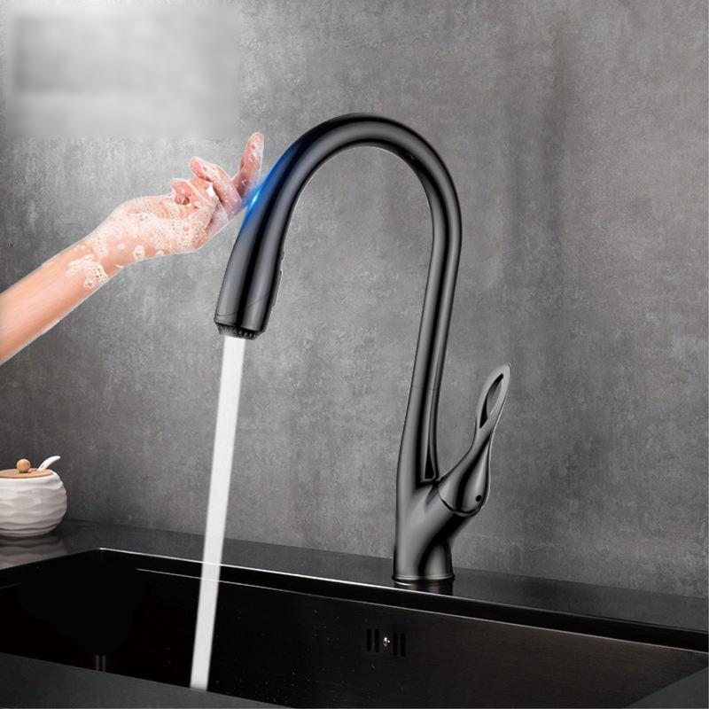 A stylish black kitchen faucet with a high-arc design, featuring a touchless sensor for hands-free operation, perfect for modern homes and kitchen renovations.