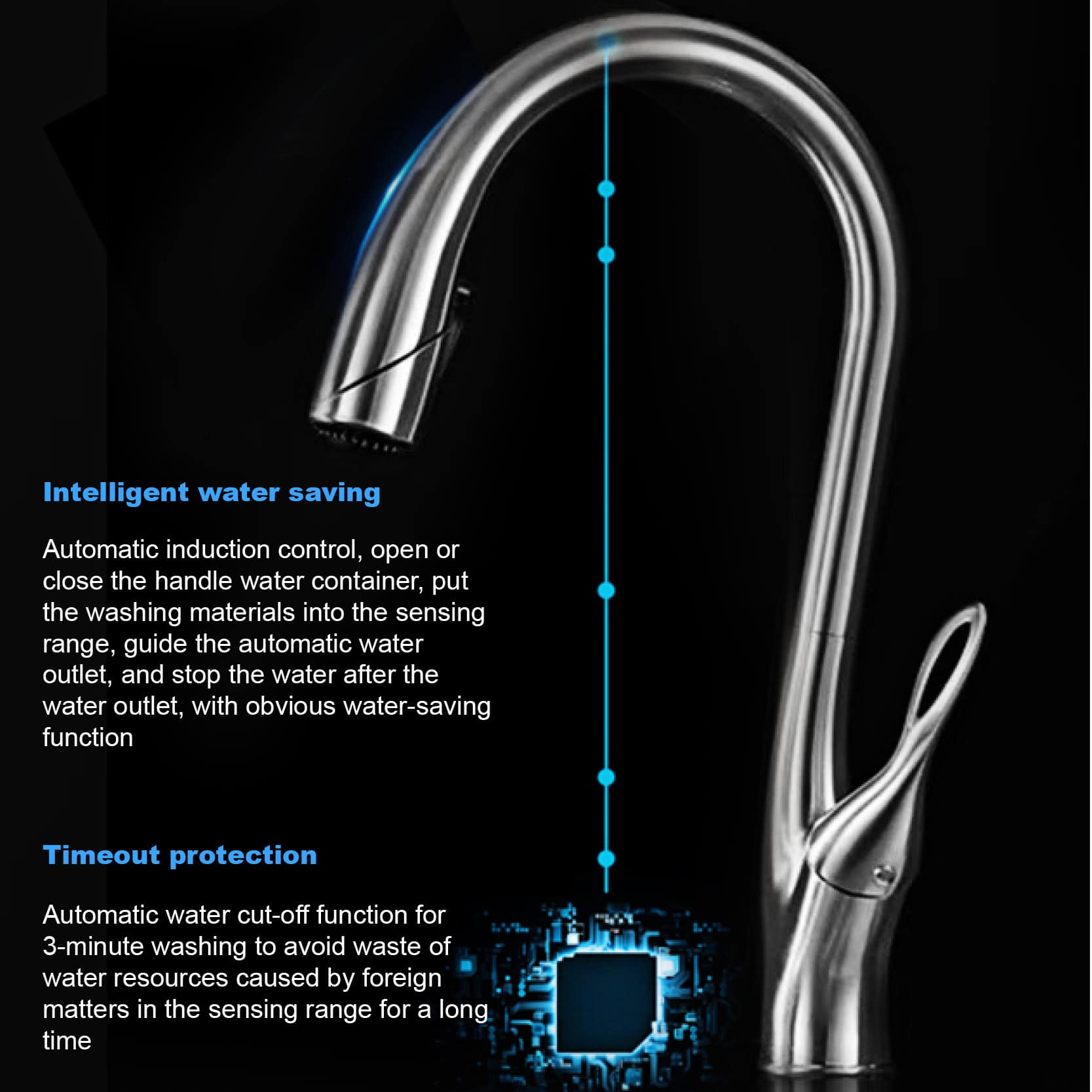 High-quality kitchen faucet featuring intelligent water saving and timeout protection, ideal for efficient and eco-friendly water usage in kitchens.
