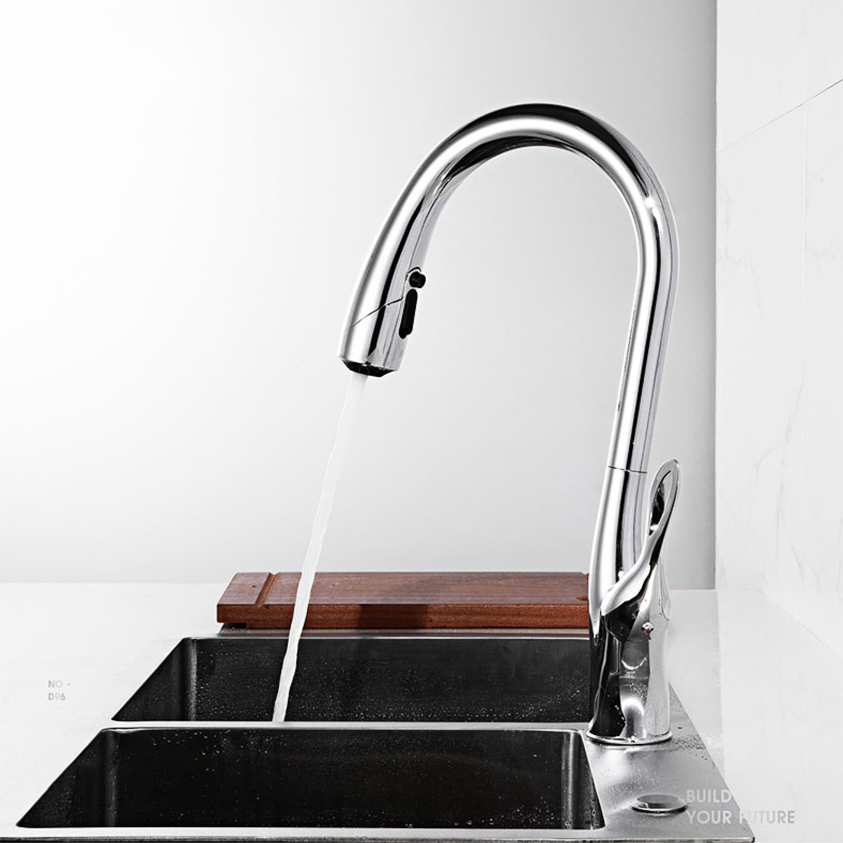 A contemporary chrome kitchen faucet dispensing water over a double sink, emphasizing quality and style. Perfect for modern home kitchens, combining functionality with elegant design.