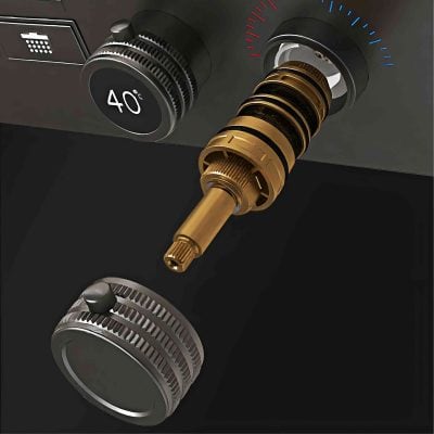 Close-up of a thermostat control knob on a stove set to 40°C, showcasing modern kitchen appliance design and temperature regulation features for optimal cooking and safety.