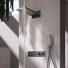 Elegant outdoor shower with contemporary style, rainfall showerhead, and easy-to-use control panel for relaxing outdoor bathing experiences.