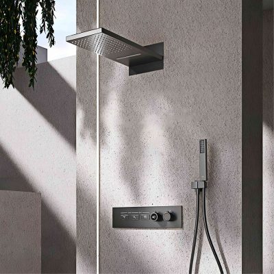 Elegant outdoor shower with contemporary style, rainfall showerhead, and easy-to-use control panel for relaxing outdoor bathing experiences.