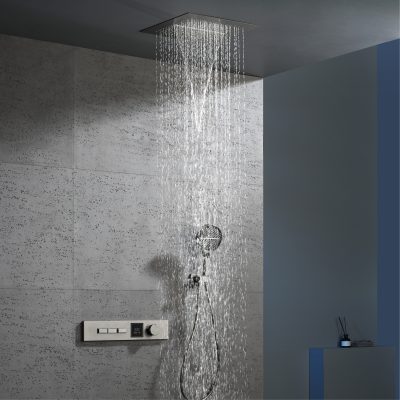 Modern shower panel with digital control and adjustable water temperature, providing a luxurious spa-like shower experience. Perfect for home or commercial use with sleek design.