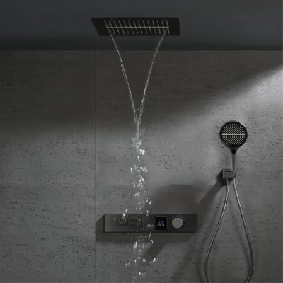 Luxury Gun Gray Wall-Mounted Brass Shower System with LED Digital Display