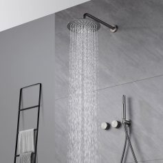 High-quality rainfall shower head with contemporary finish, offering a luxurious shower experience for bathroom remodeling or upgrade.