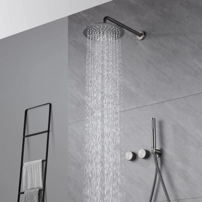 Modern rain shower head with handheld shower for stylish bathroom upgrade. Perfect for spa-like experience and high-end bathroom decor.