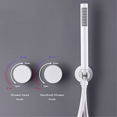 High-resolution image of a modern shower head and control knobs, showcasing water temperature settings for hot and cold flow, perfect for luxury bathroom renovations and professional use.