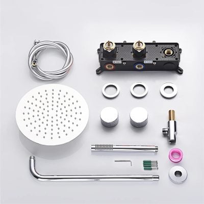 High-quality shower panel with multiple water outlet options and accessories. Modern design for luxurious bathroom upgrade, featuring handheld shower, water controls, and mounting hardware.