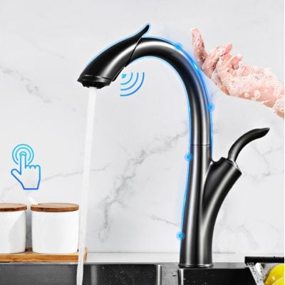 Touchless smart kitchen faucet with LED lighting, water-saving technology, and sleek design for modern kitchen convenience.