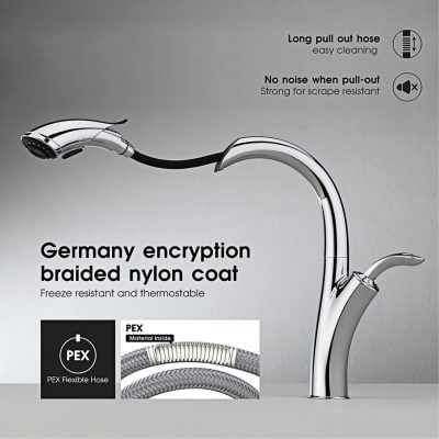 Durable chrome faucet with Germany encryption braided nylon hose for kitchen and bathroom. Features long pull-out hose, no noise pull-out, and high resistance for reliable use.