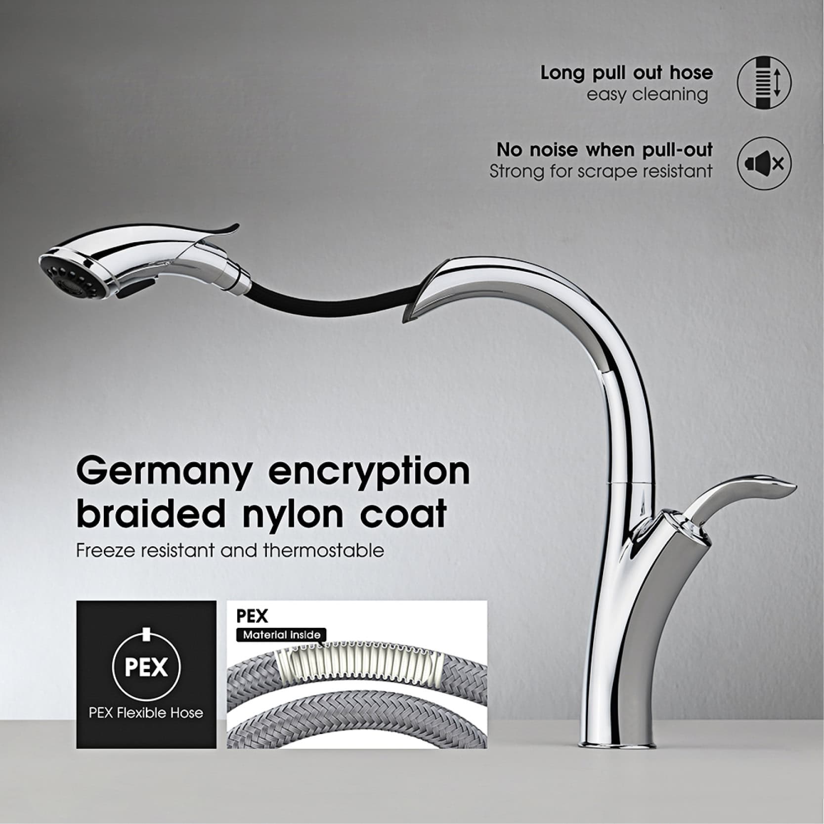 Durable chrome faucet with Germany encryption braided nylon hose for kitchen and bathroom. Features long pull-out hose, no noise pull-out, and high resistance for reliable use.