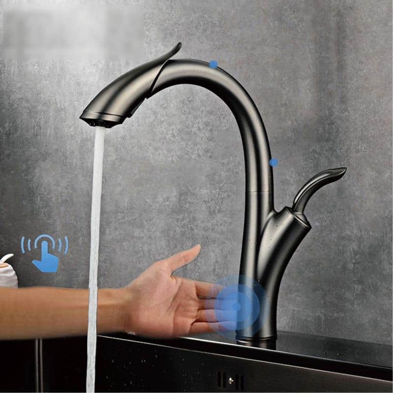 Advanced touch-activated kitchen faucet with sleek black finish, hands-free operation, and water flow control for modern kitchen convenience.