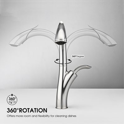 High-quality stainless steel faucet with 360-degree rotation, designed for flexible kitchen dishwashing and enhanced space management.