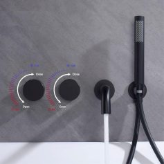 High-quality black bathroom faucet with temperature control knobs and handheld shower head for a sleek, modern look. Perfect for enhancing bathroom aesthetics and functionality.