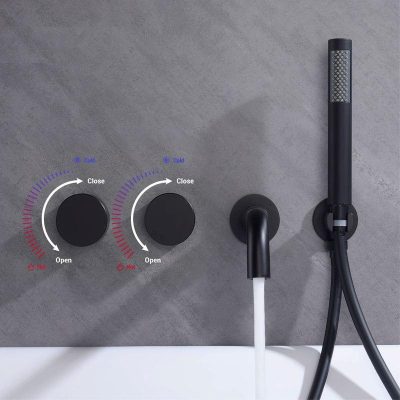 High-quality black bathroom faucet with temperature control knobs and handheld shower head for a sleek, modern look. Perfect for enhancing bathroom aesthetics and functionality.