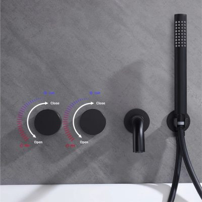 Modern black spa shower with temperature controls and handheld showerhead for luxurious bathing experience. Perfect for home, spa, and wellness centers.